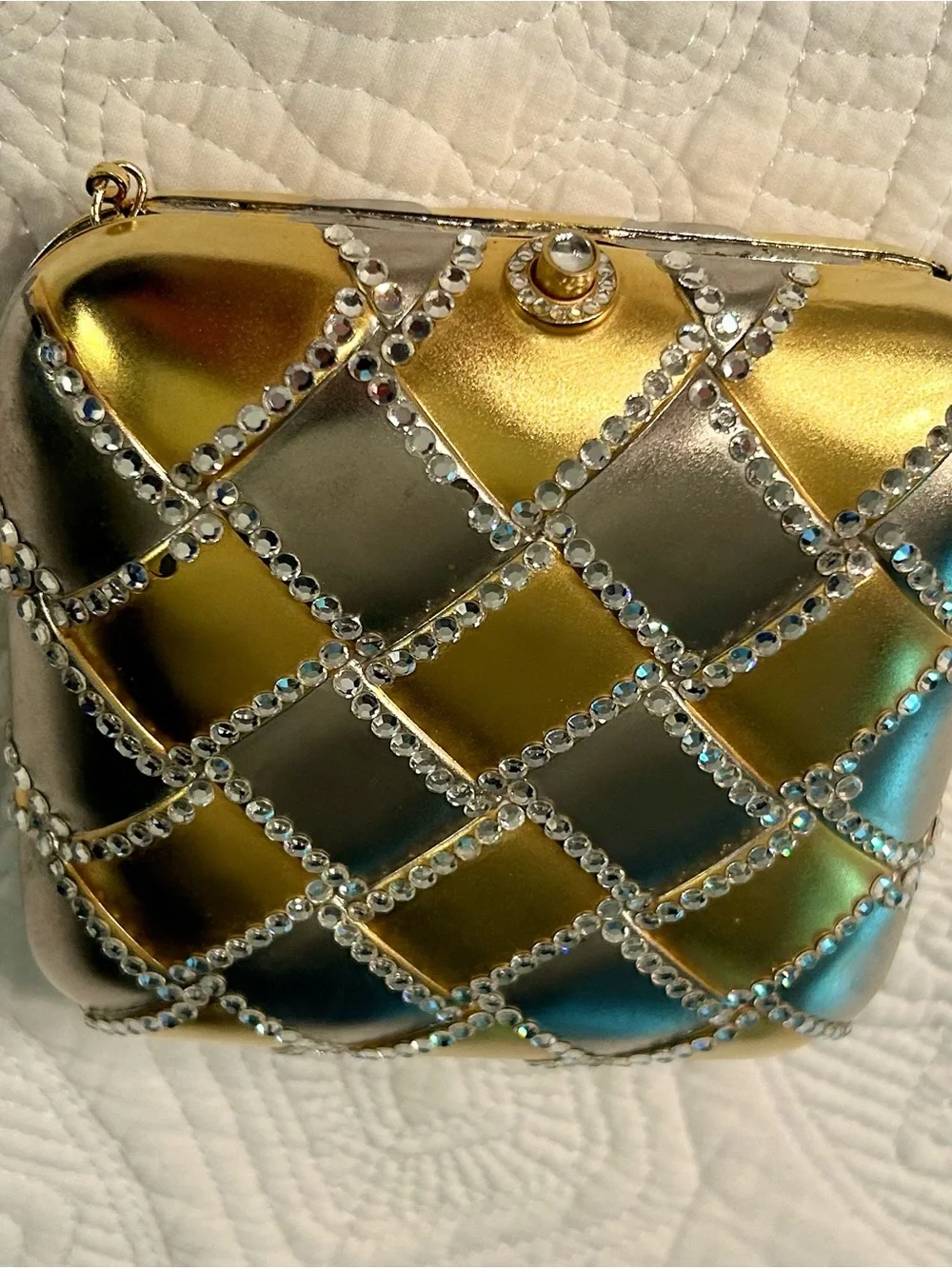 Elegant Elan Gold and Silver Quilted Crystal-Trim Clutch